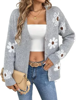 Mywinway Flower Sweater Cardigan Sweaters for Women 2024 Fall Sweaters Lightweight Knit Daisy Cute Casual Jackets