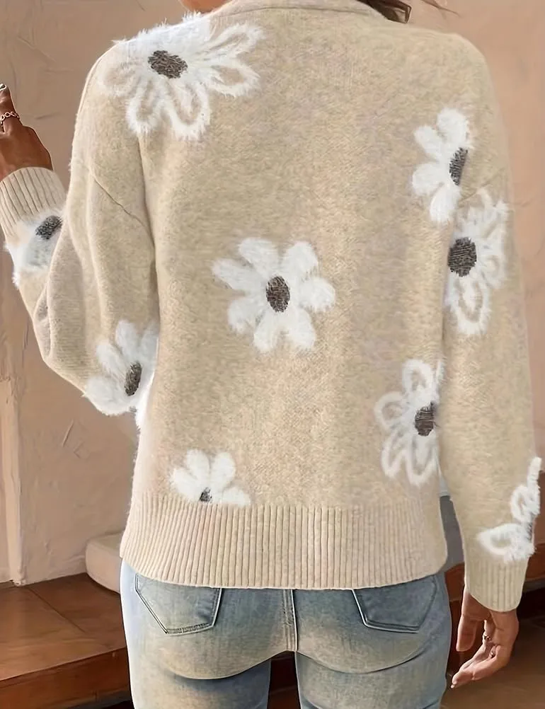 Mywinway Flower Sweater Cardigan Sweaters for Women 2024 Fall Sweaters Lightweight Knit Daisy Cute Casual Jackets