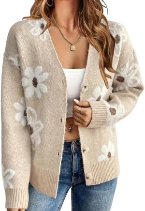 Mywinway Flower Sweater Cardigan Sweaters for Women 2024 Fall Sweaters Lightweight Knit Daisy Cute Casual Jackets
