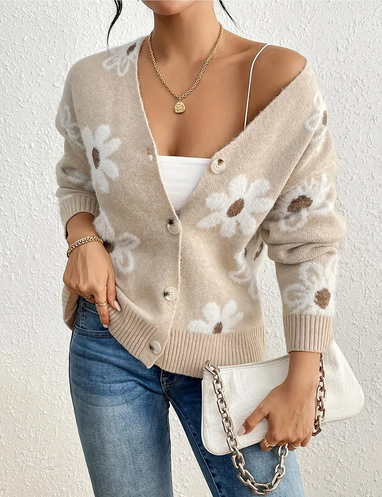 Mywinway Flower Sweater Cardigan Sweaters for Women 2024 Fall Sweaters Lightweight Knit Daisy Cute Casual Jackets