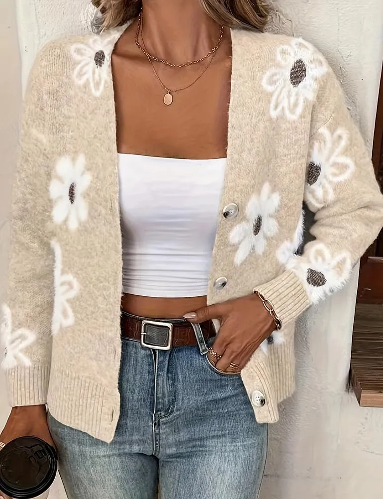 Mywinway Flower Sweater Cardigan Sweaters for Women 2024 Fall Sweaters Lightweight Knit Daisy Cute Casual Jackets