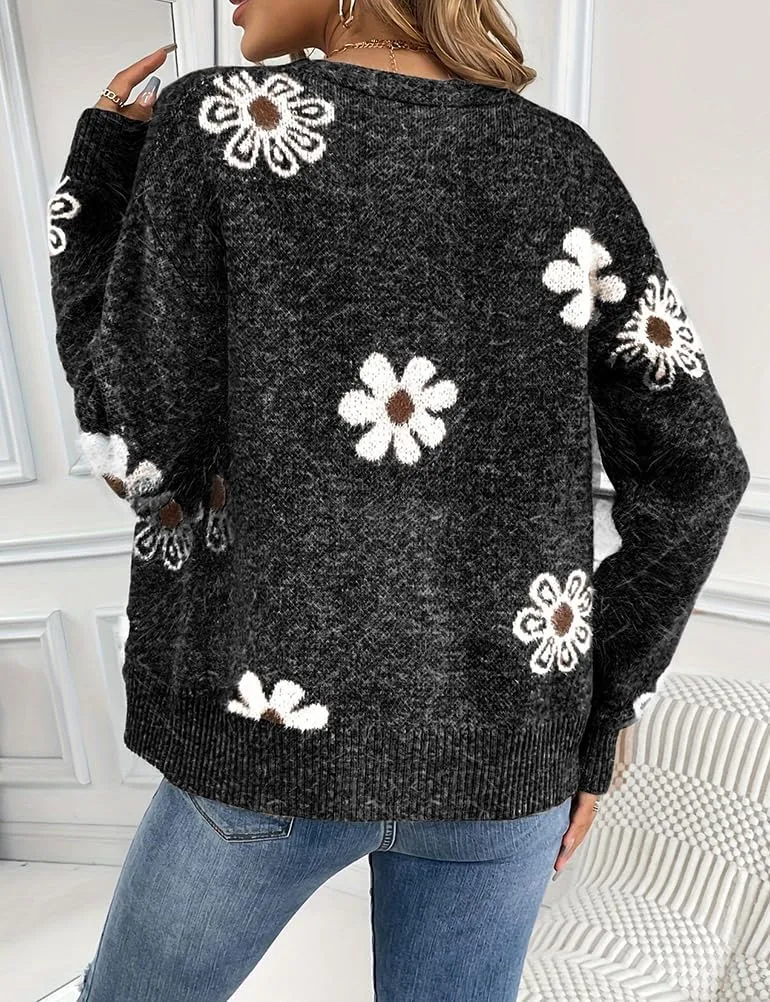 Mywinway Flower Sweater Cardigan Sweaters for Women 2024 Fall Sweaters Lightweight Knit Daisy Cute Casual Jackets