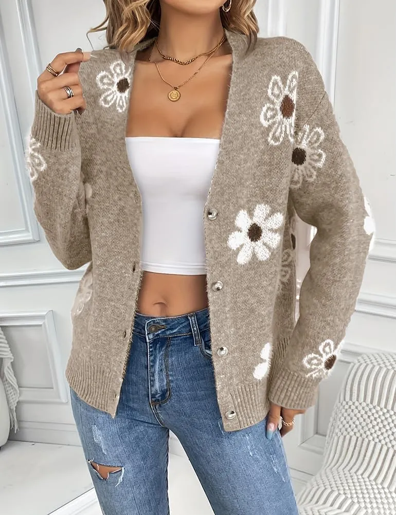 Mywinway Flower Sweater Cardigan Sweaters for Women 2024 Fall Sweaters Lightweight Knit Daisy Cute Casual Jackets