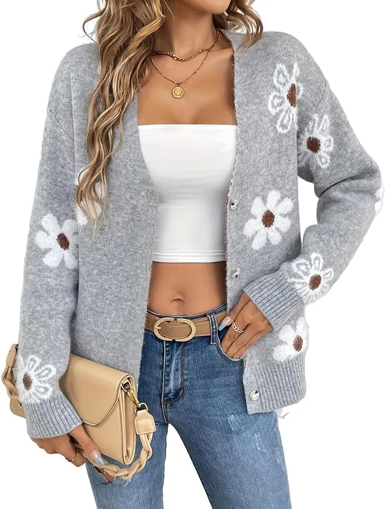 Mywinway Flower Sweater Cardigan Sweaters for Women 2024 Fall Sweaters Lightweight Knit Daisy Cute Casual Jackets