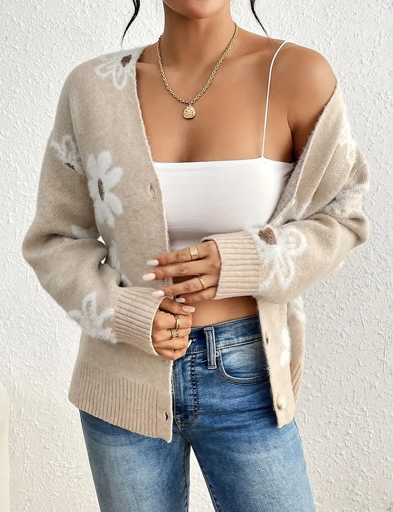 Mywinway Flower Sweater Cardigan Sweaters for Women 2024 Fall Sweaters Lightweight Knit Daisy Cute Casual Jackets
