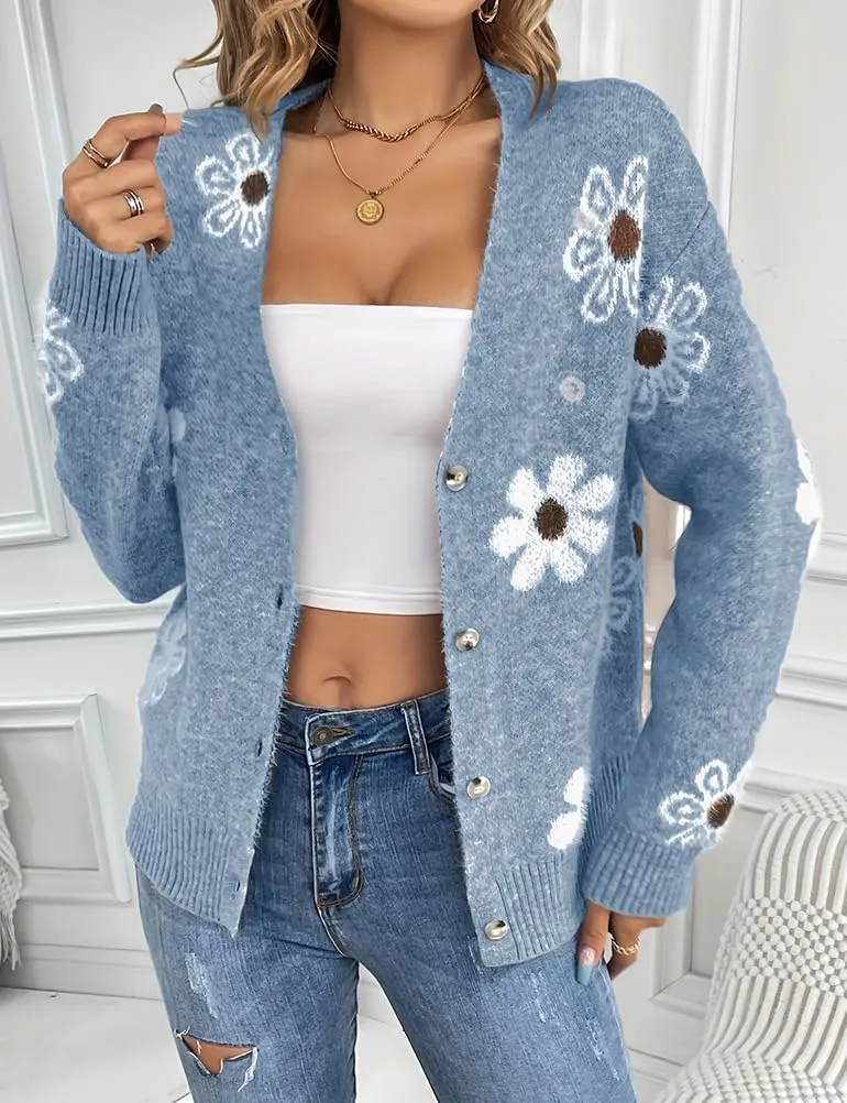 Mywinway Flower Sweater Cardigan Sweaters for Women 2024 Fall Sweaters Lightweight Knit Daisy Cute Casual Jackets