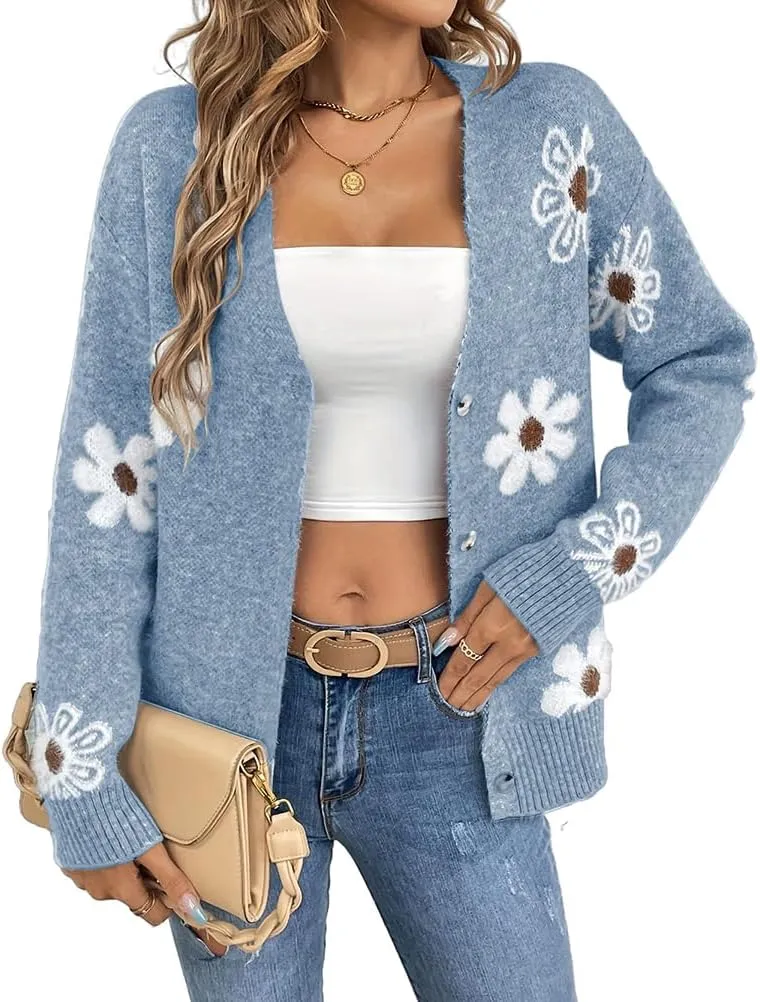 Mywinway Flower Sweater Cardigan Sweaters for Women 2024 Fall Sweaters Lightweight Knit Daisy Cute Casual Jackets