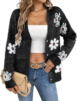 Mywinway Flower Sweater Cardigan Sweaters for Women 2024 Fall Sweaters Lightweight Knit Daisy Cute Casual Jackets