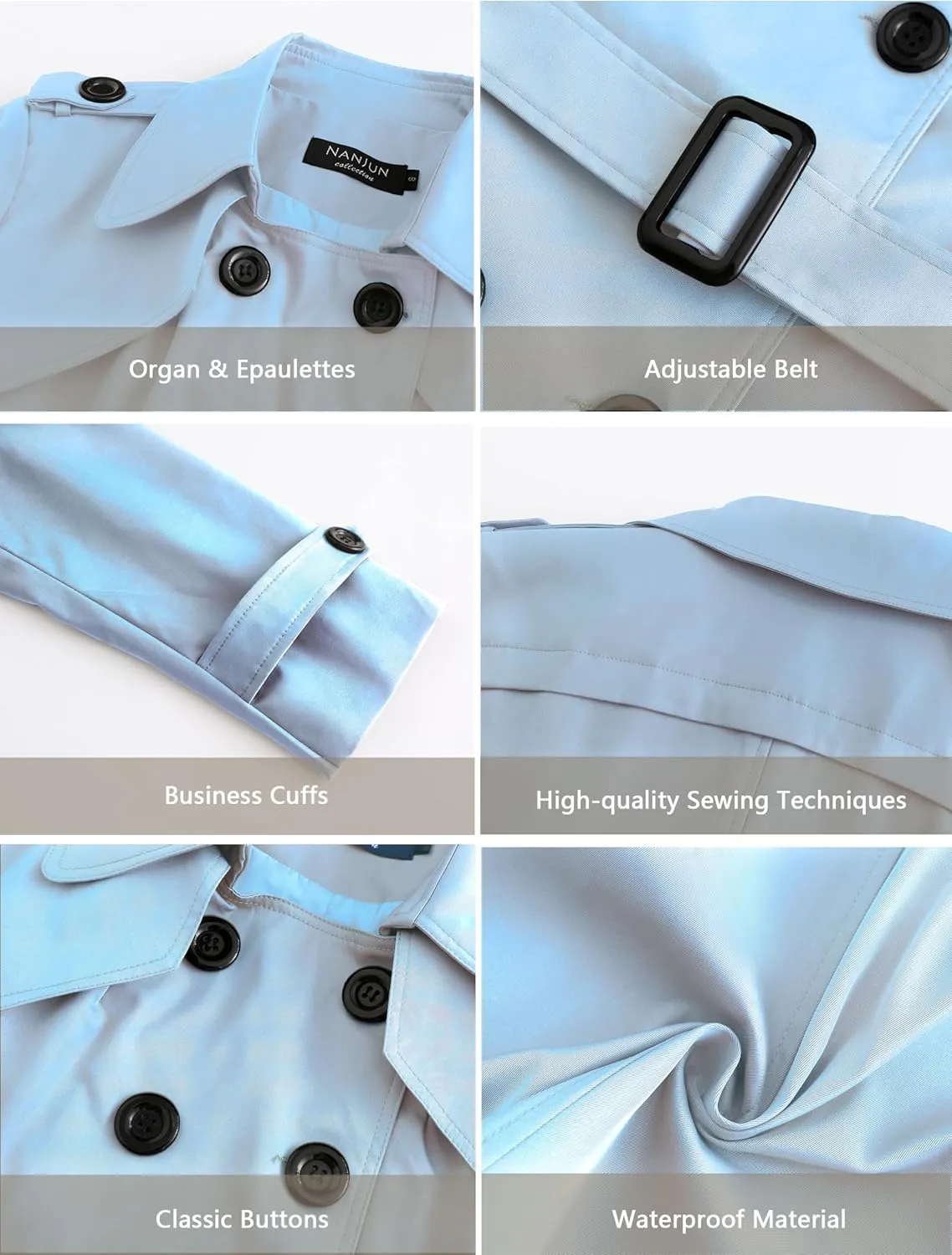 NANJUN Women's Double-Breasted Trench Coat Classic Lapel Overcoat Slim Outerwear Waterproof Coat with Belt Buckle