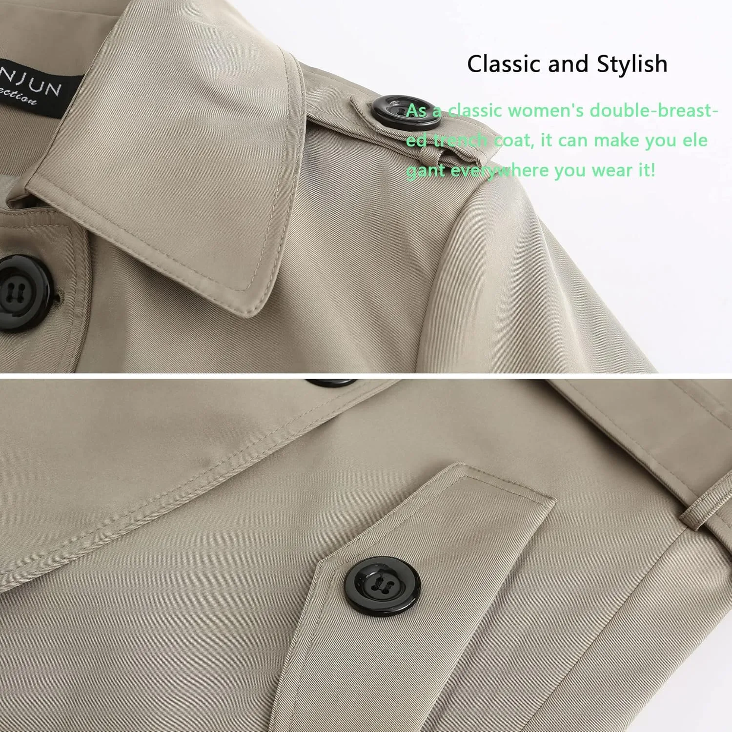 NANJUN Women's Double-Breasted Trench Coat Classic Lapel Overcoat Slim Outerwear Waterproof Coat with Belt Buckle