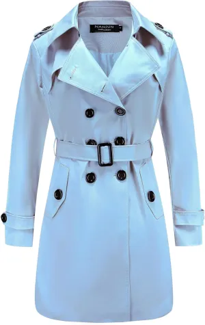 NANJUN Women's Double-Breasted Trench Coat Classic Lapel Overcoat Slim Outerwear Waterproof Coat with Belt Buckle