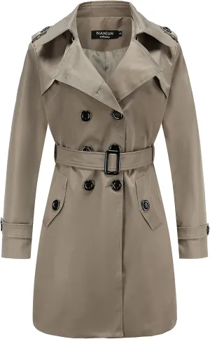 NANJUN Women's Double-Breasted Trench Coat Classic Lapel Overcoat Slim Outerwear Waterproof Coat with Belt Buckle