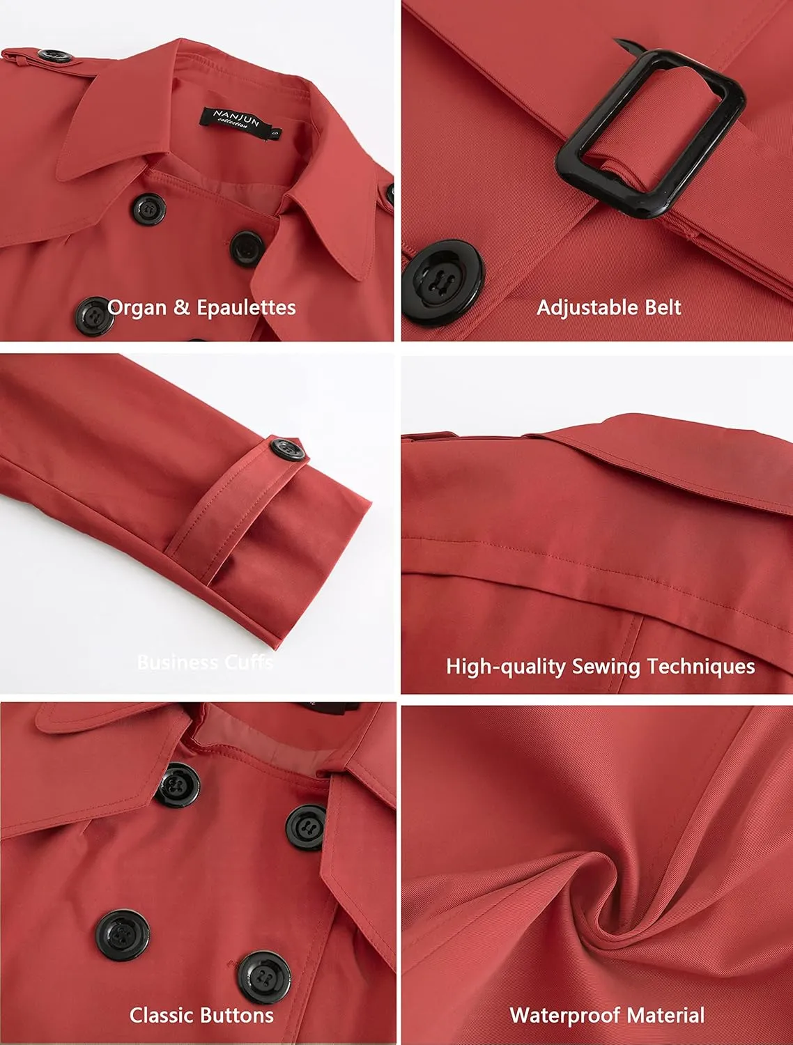 NANJUN Women's Double-Breasted Trench Coat Classic Lapel Overcoat Slim Outerwear Waterproof Coat with Belt Buckle