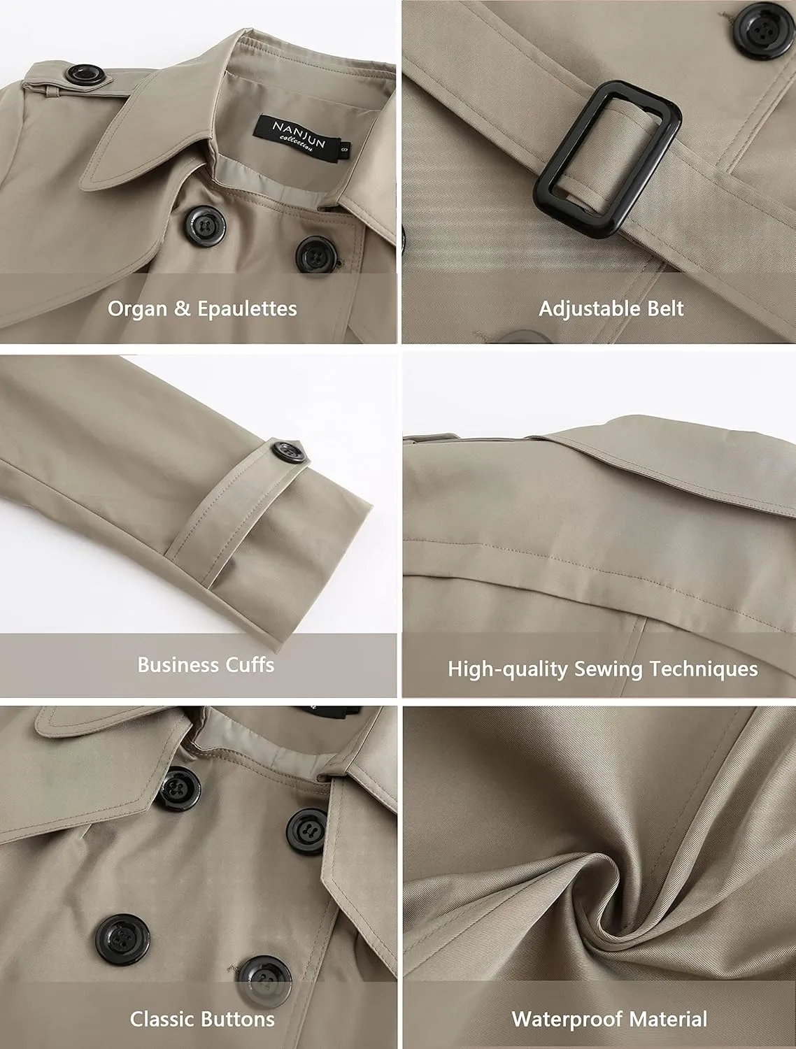 NANJUN Women's Double-Breasted Trench Coat Classic Lapel Overcoat Slim Outerwear Waterproof Coat with Belt Buckle