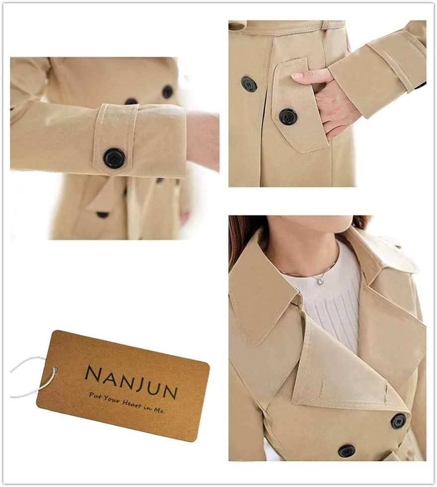 NANJUN Women's Double-Breasted Trench Coat Classic Lapel Overcoat Slim Outerwear Waterproof Coat with Belt Buckle
