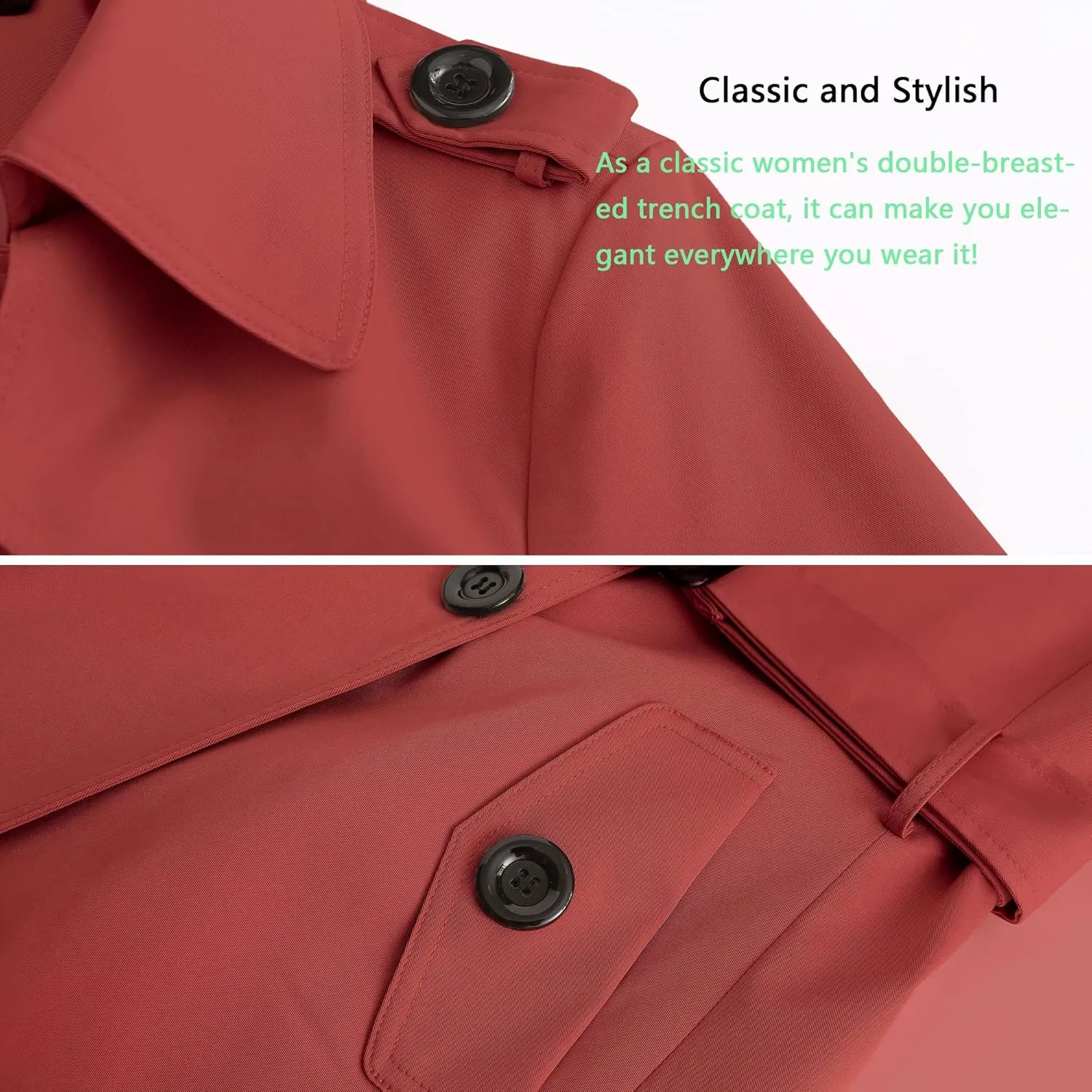 NANJUN Women's Double-Breasted Trench Coat Classic Lapel Overcoat Slim Outerwear Waterproof Coat with Belt Buckle