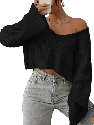 Narecte Women Cropped Sweater V Neck Sweaters Woman Long Sleeve Drop Shoulder Pullover Womens Sweaters Fall Sweaters