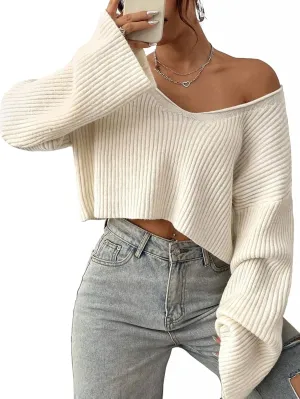 Narecte Women Cropped Sweater V Neck Sweaters Woman Long Sleeve Drop Shoulder Pullover Womens Sweaters Fall Sweaters