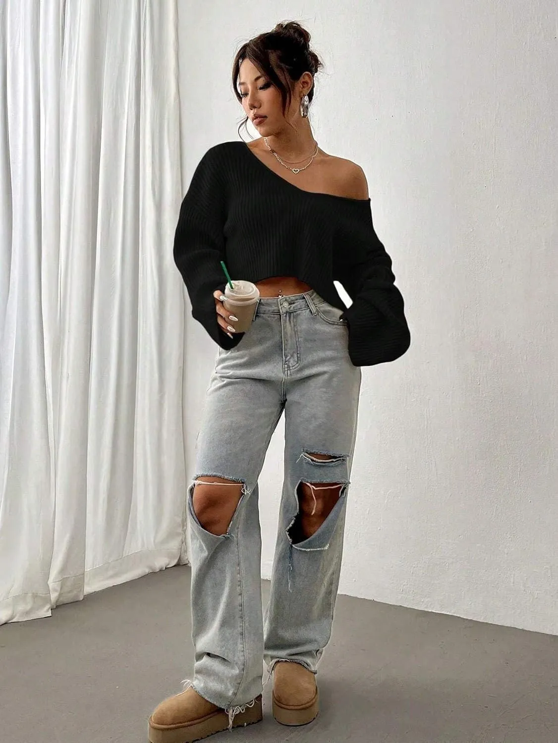 Narecte Women Cropped Sweater V Neck Sweaters Woman Long Sleeve Drop Shoulder Pullover Womens Sweaters Fall Sweaters