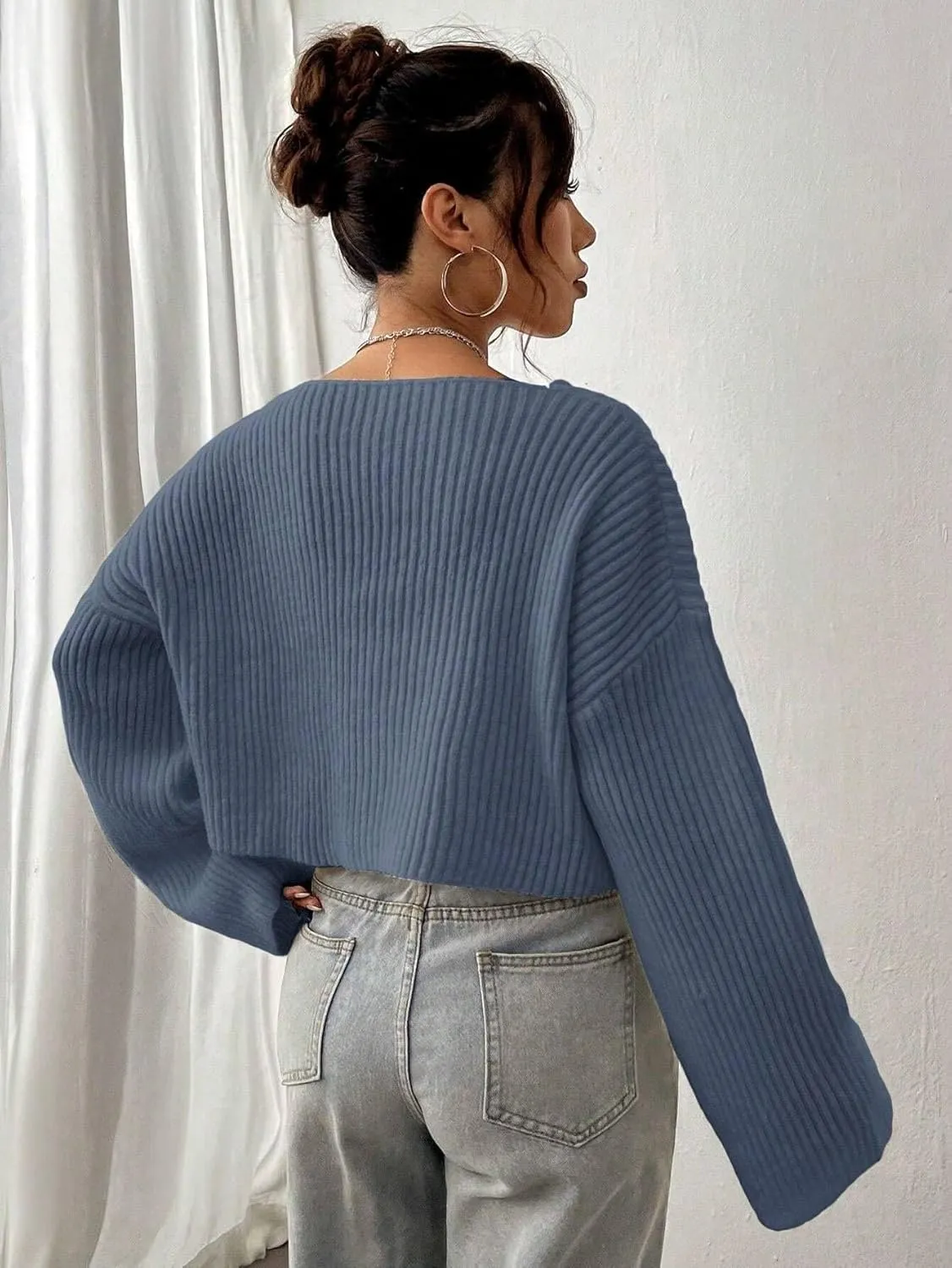Narecte Women Cropped Sweater V Neck Sweaters Woman Long Sleeve Drop Shoulder Pullover Womens Sweaters Fall Sweaters