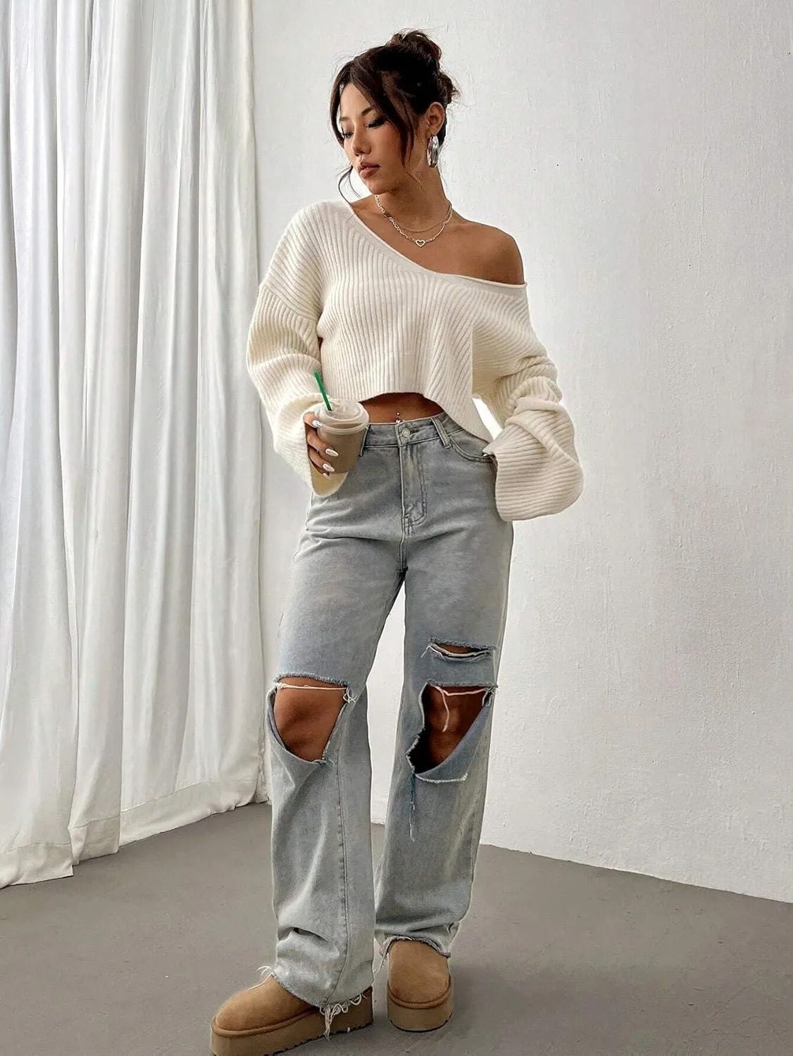 Narecte Women Cropped Sweater V Neck Sweaters Woman Long Sleeve Drop Shoulder Pullover Womens Sweaters Fall Sweaters