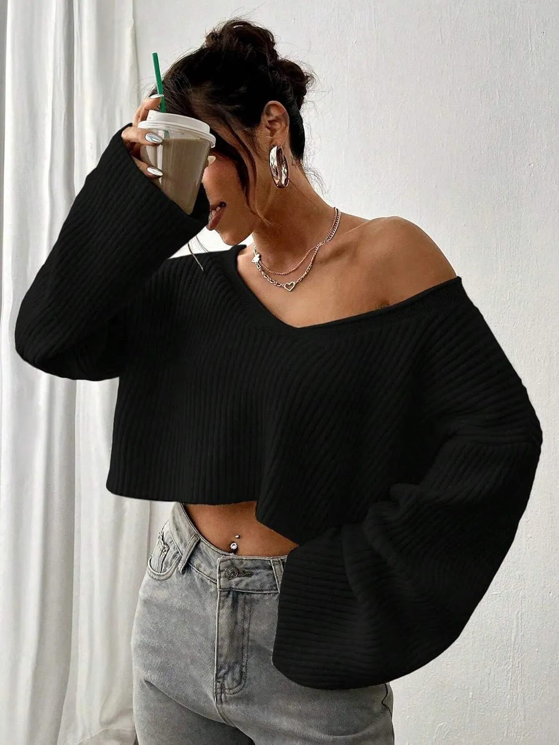 Narecte Women Cropped Sweater V Neck Sweaters Woman Long Sleeve Drop Shoulder Pullover Womens Sweaters Fall Sweaters
