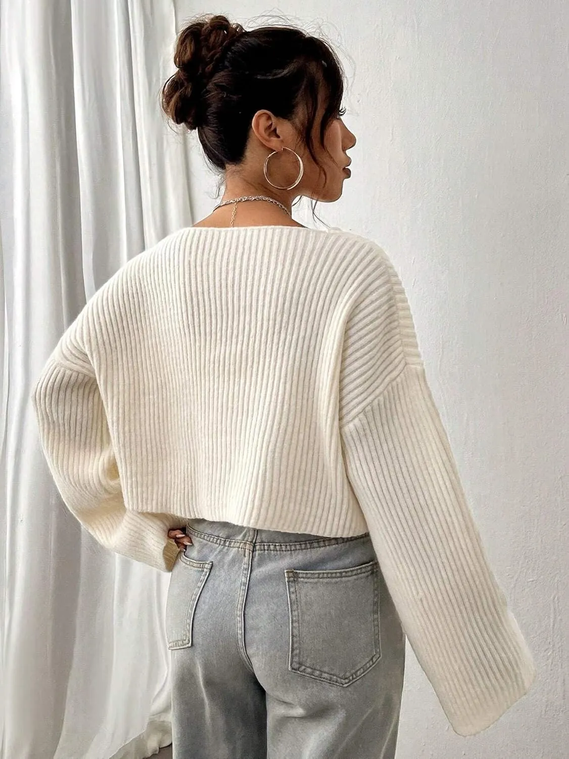 Narecte Women Cropped Sweater V Neck Sweaters Woman Long Sleeve Drop Shoulder Pullover Womens Sweaters Fall Sweaters
