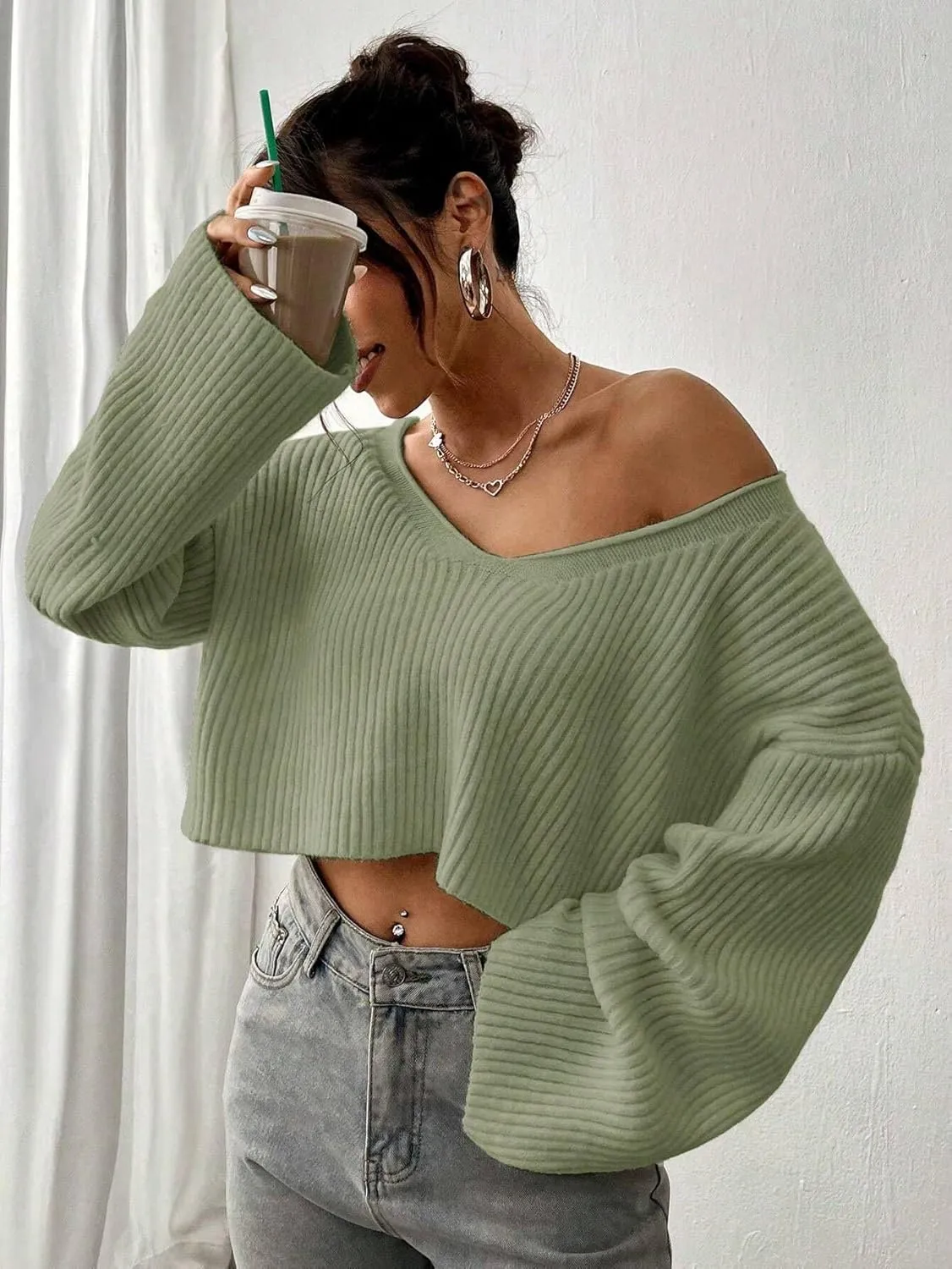 Narecte Women Cropped Sweater V Neck Sweaters Woman Long Sleeve Drop Shoulder Pullover Womens Sweaters Fall Sweaters