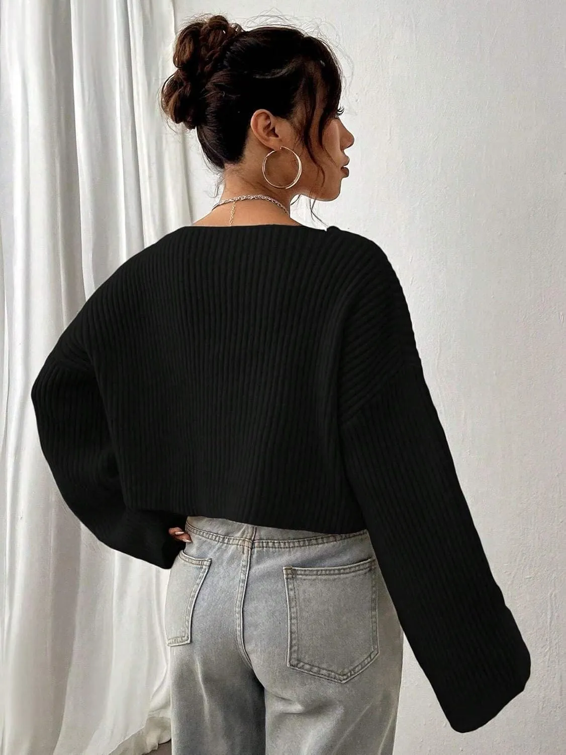 Narecte Women Cropped Sweater V Neck Sweaters Woman Long Sleeve Drop Shoulder Pullover Womens Sweaters Fall Sweaters