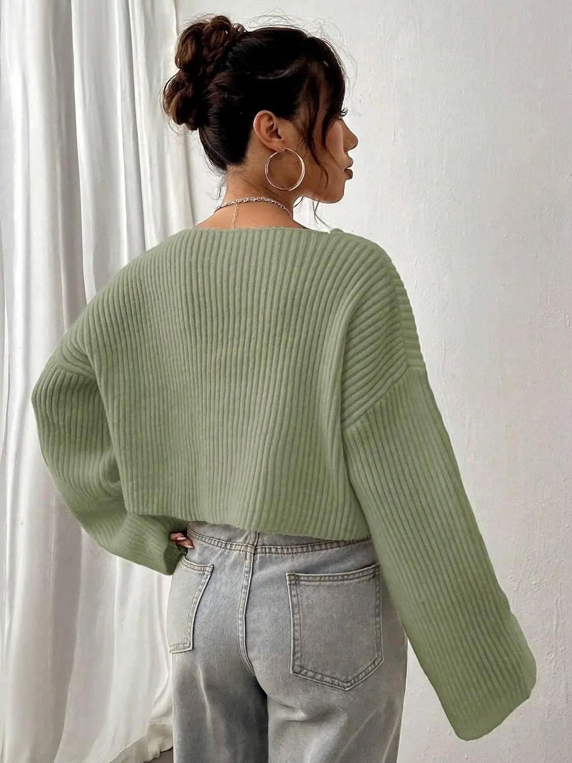 Narecte Women Cropped Sweater V Neck Sweaters Woman Long Sleeve Drop Shoulder Pullover Womens Sweaters Fall Sweaters