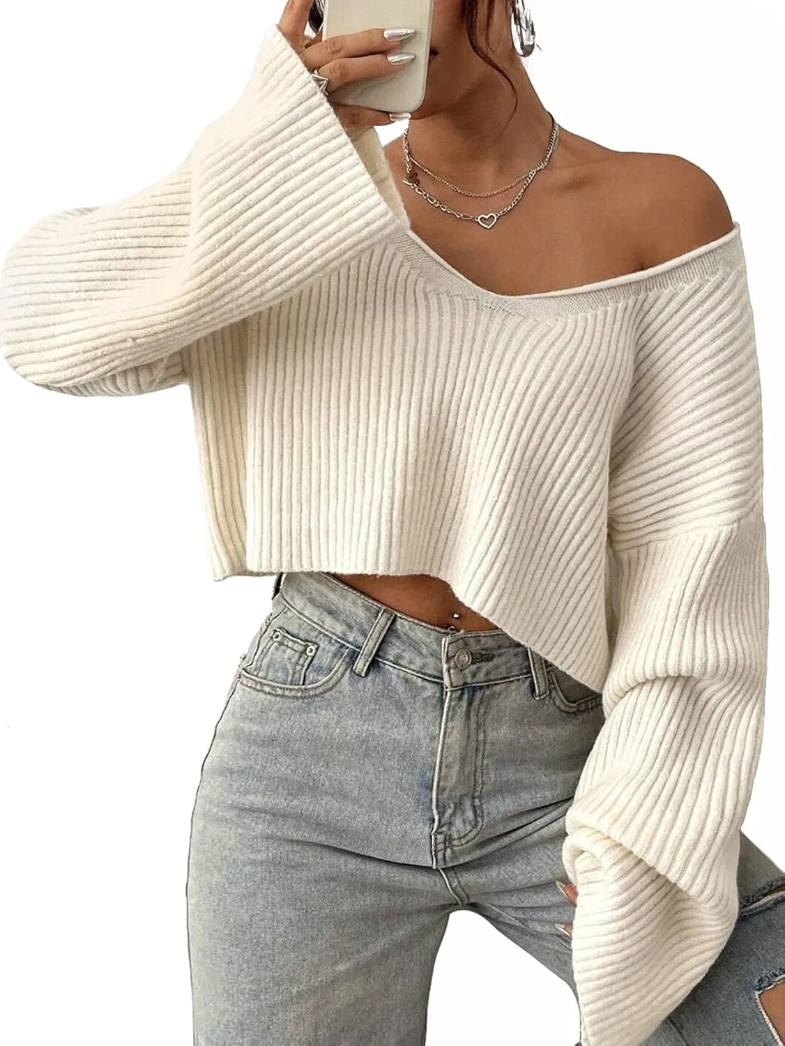 Narecte Women Cropped Sweater V Neck Sweaters Woman Long Sleeve Drop Shoulder Pullover Womens Sweaters Fall Sweaters