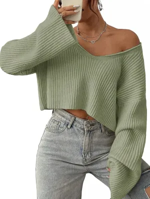 Narecte Women Cropped Sweater V Neck Sweaters Woman Long Sleeve Drop Shoulder Pullover Womens Sweaters Fall Sweaters