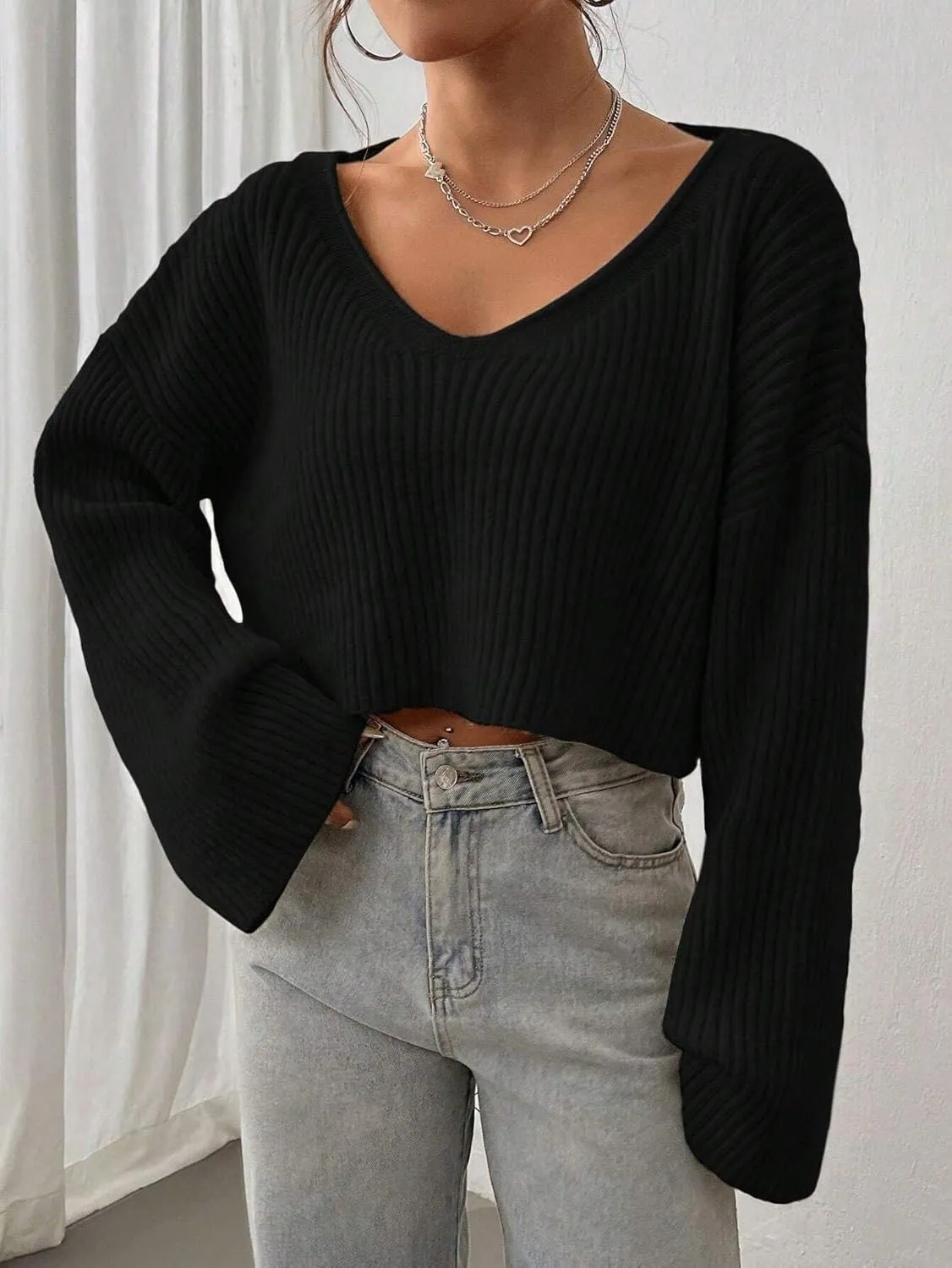 Narecte Women Cropped Sweater V Neck Sweaters Woman Long Sleeve Drop Shoulder Pullover Womens Sweaters Fall Sweaters