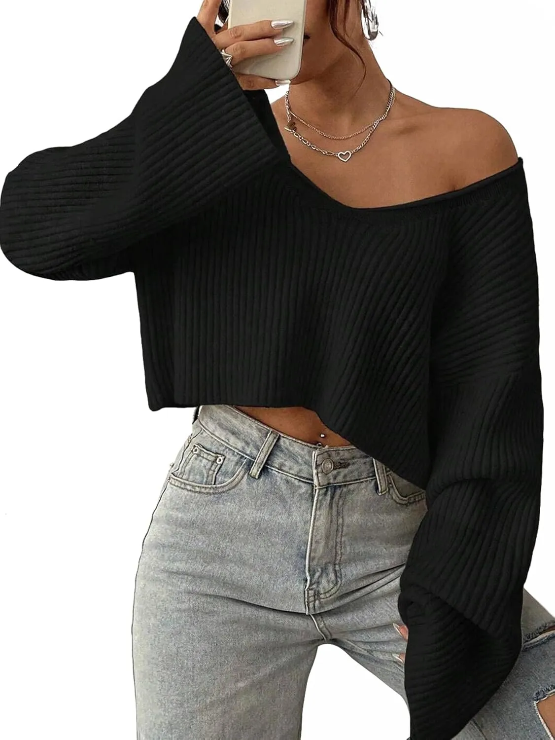 Narecte Women Cropped Sweater V Neck Sweaters Woman Long Sleeve Drop Shoulder Pullover Womens Sweaters Fall Sweaters