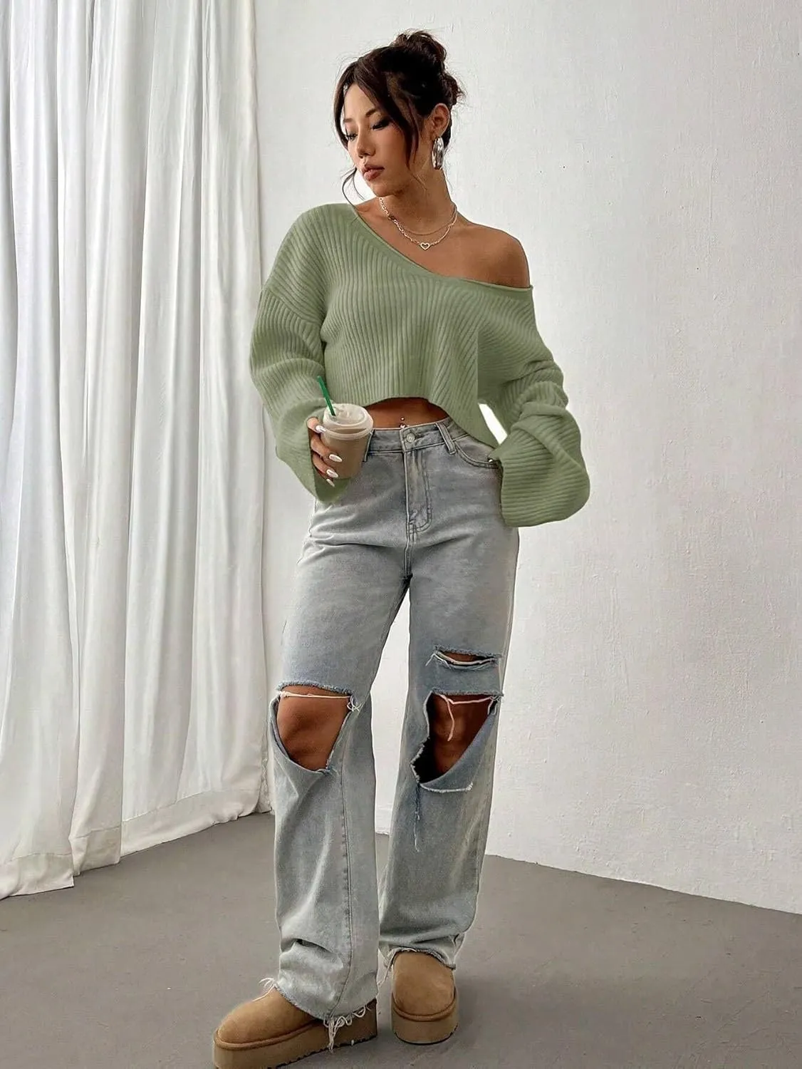 Narecte Women Cropped Sweater V Neck Sweaters Woman Long Sleeve Drop Shoulder Pullover Womens Sweaters Fall Sweaters