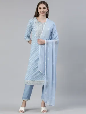Neeru's Blue Regular Knee Length Printed