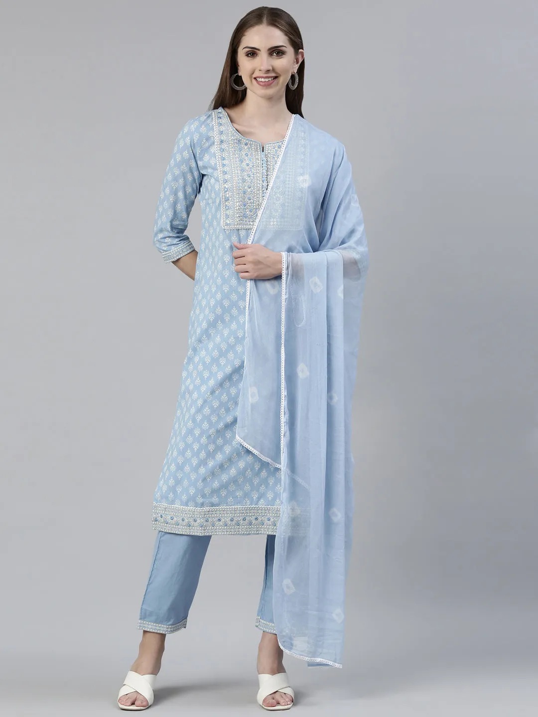 Neeru's Blue Regular Knee Length Printed
