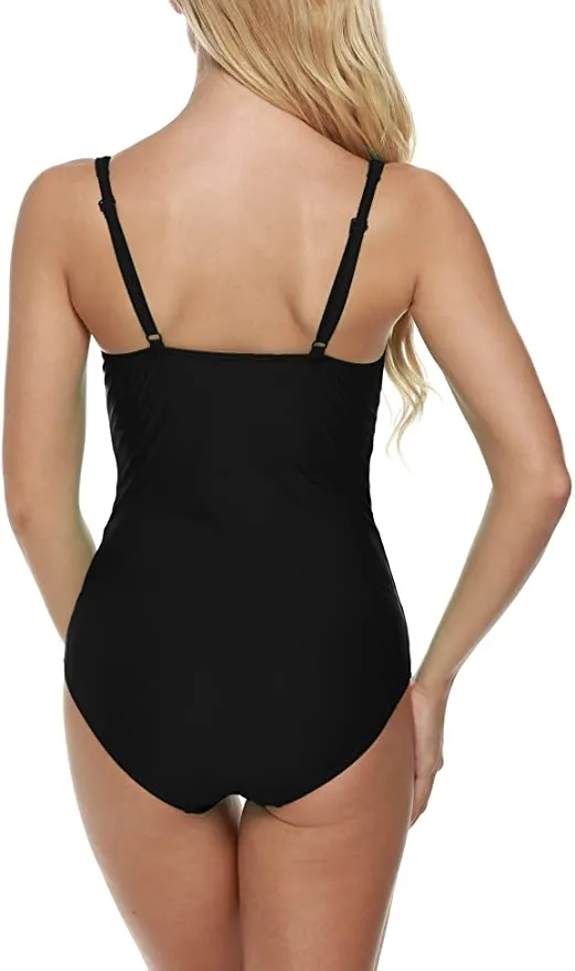 New Ekouaer Womens One Piece Elegant Inspired Vintage Pin up Monokinis Tummy Control Swimwear Shirred Bathing Suit, Black, Sz XXL!