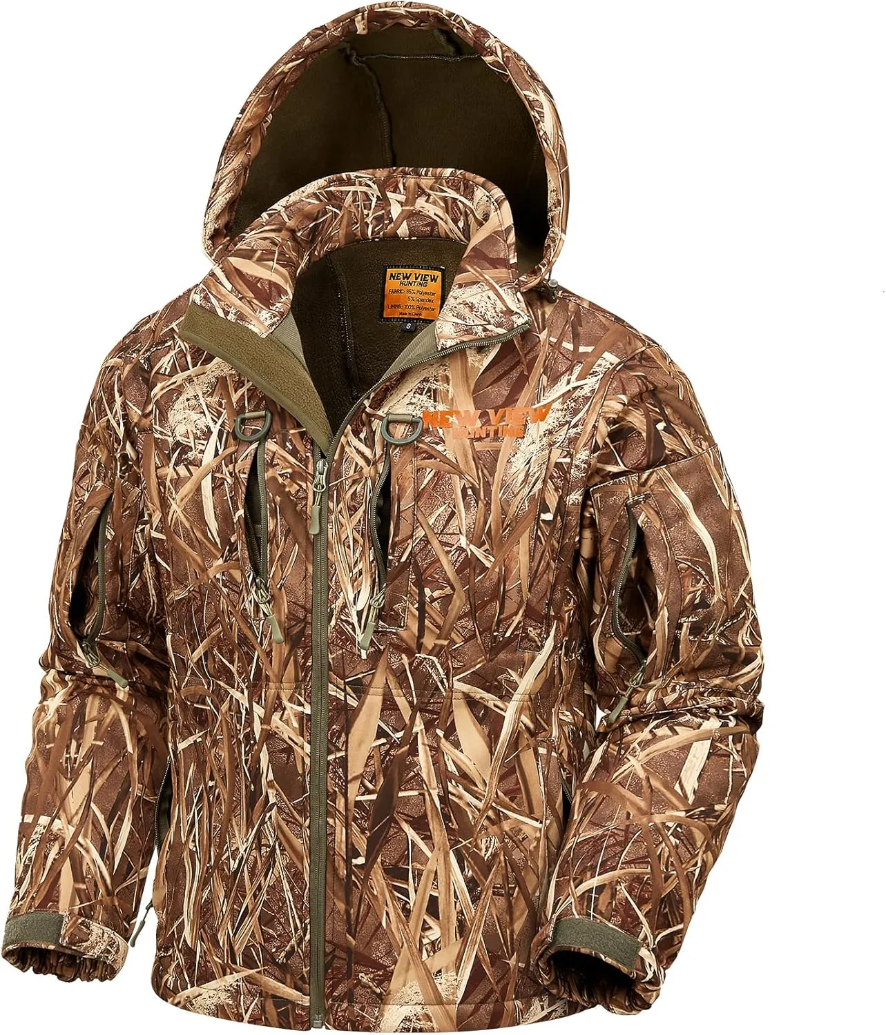 NEW VIEW Camo Hunting Jackets for Men, Warm Fleece Lined Hunting Jacket with Hood, Quiet Water Resistant Hunting Clothes