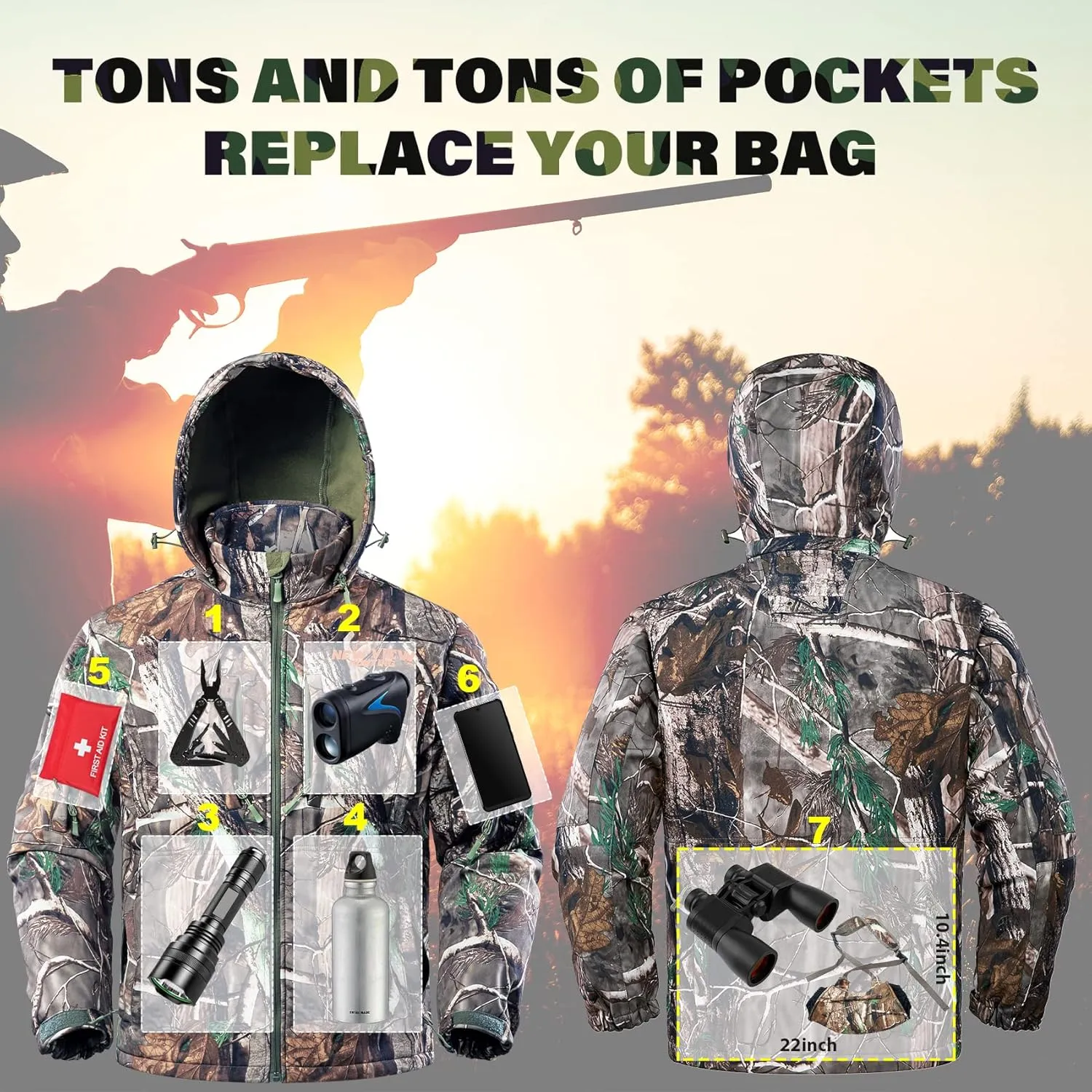 NEW VIEW Camo Hunting Jackets for Men, Warm Fleece Lined Hunting Jacket with Hood, Quiet Water Resistant Hunting Clothes