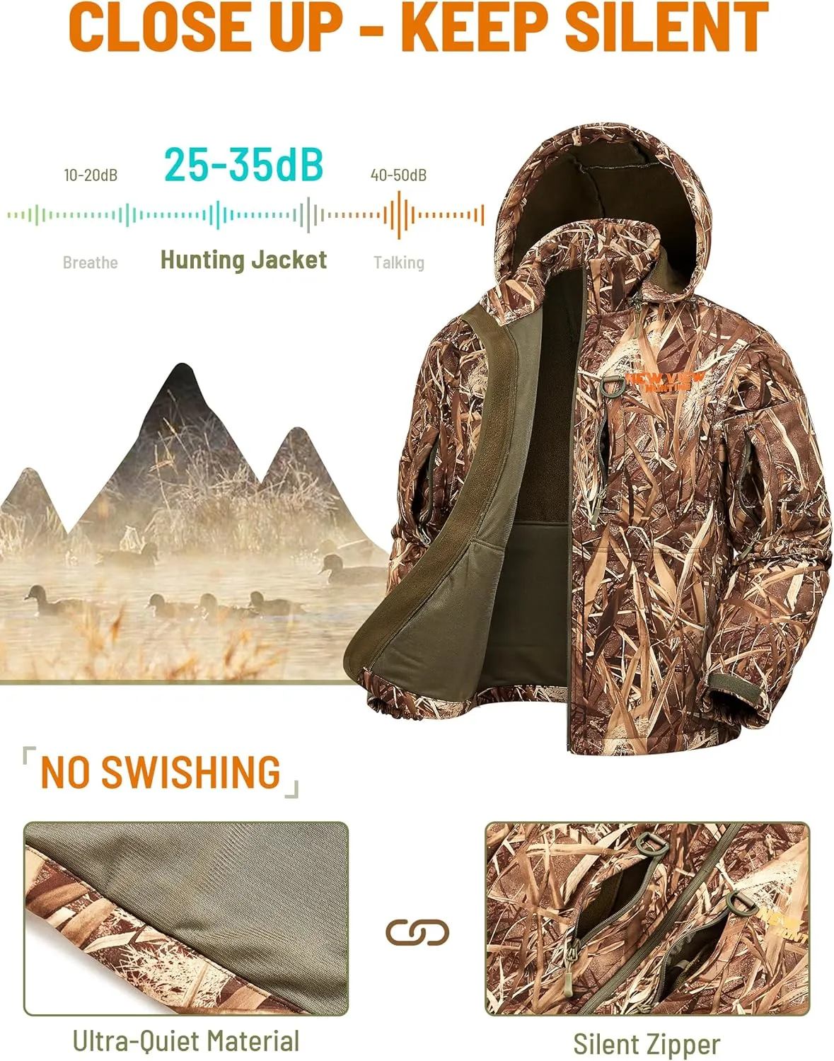 NEW VIEW Camo Hunting Jackets for Men, Warm Fleece Lined Hunting Jacket with Hood, Quiet Water Resistant Hunting Clothes