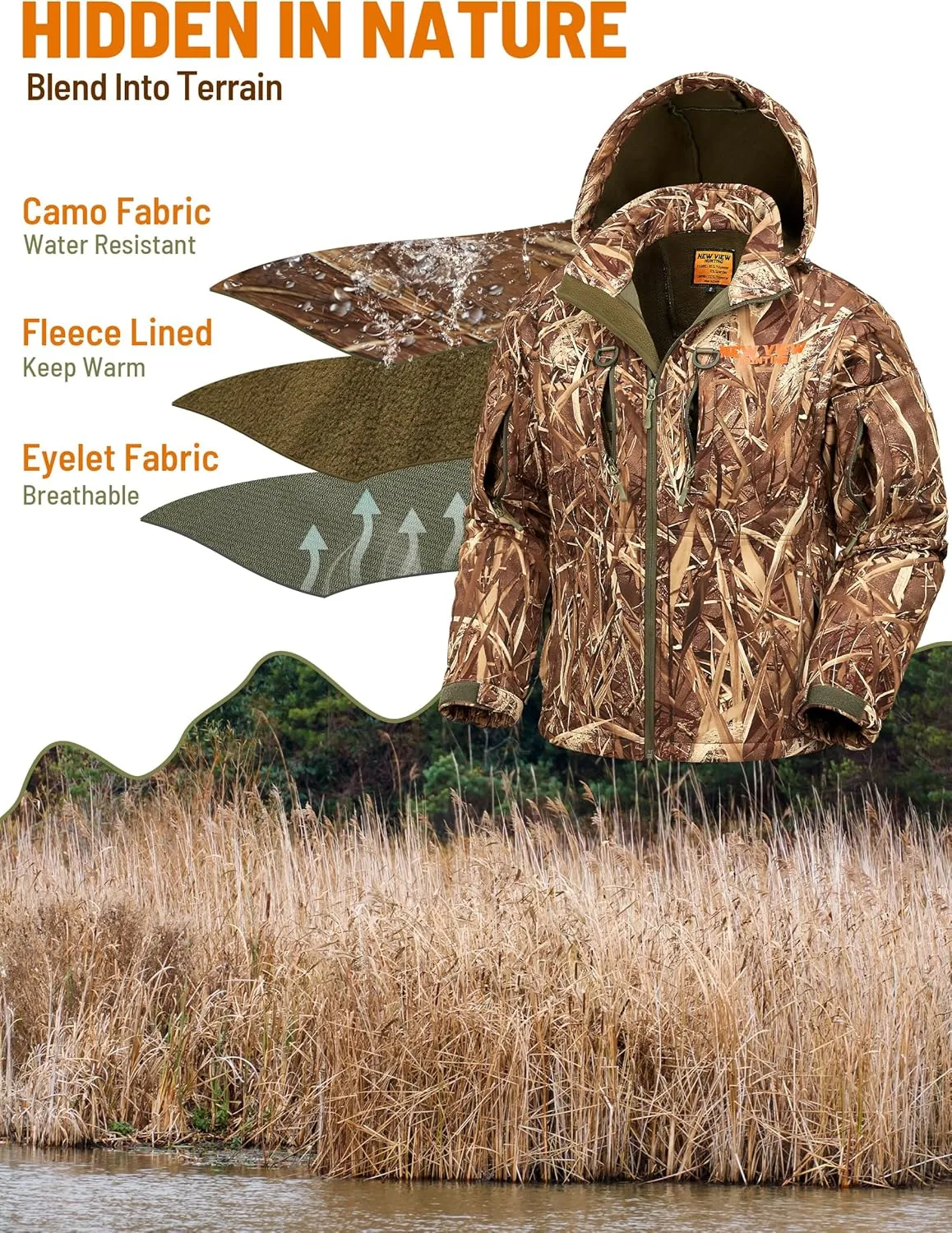 NEW VIEW Camo Hunting Jackets for Men, Warm Fleece Lined Hunting Jacket with Hood, Quiet Water Resistant Hunting Clothes
