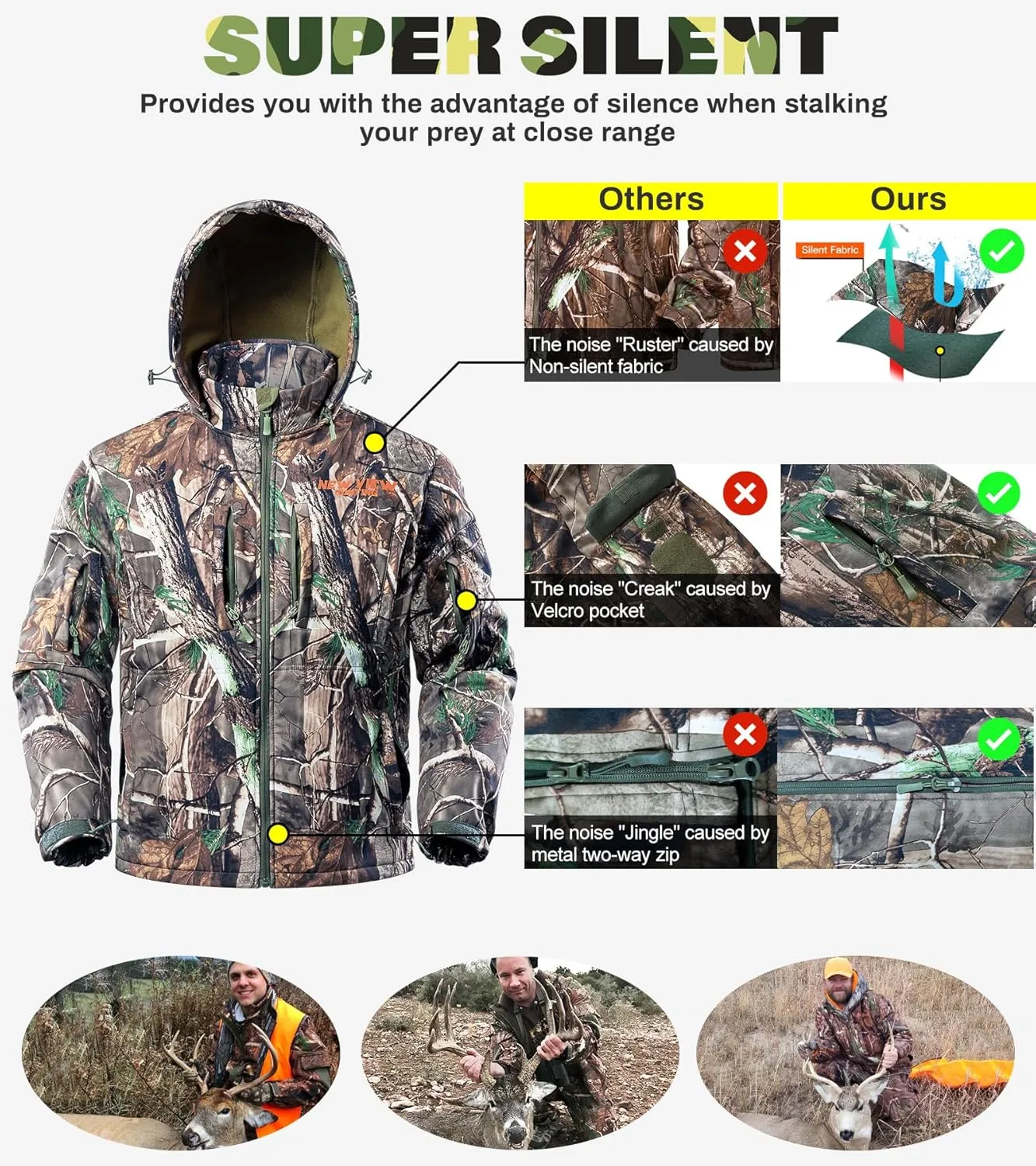 NEW VIEW Camo Hunting Jackets for Men, Warm Fleece Lined Hunting Jacket with Hood, Quiet Water Resistant Hunting Clothes