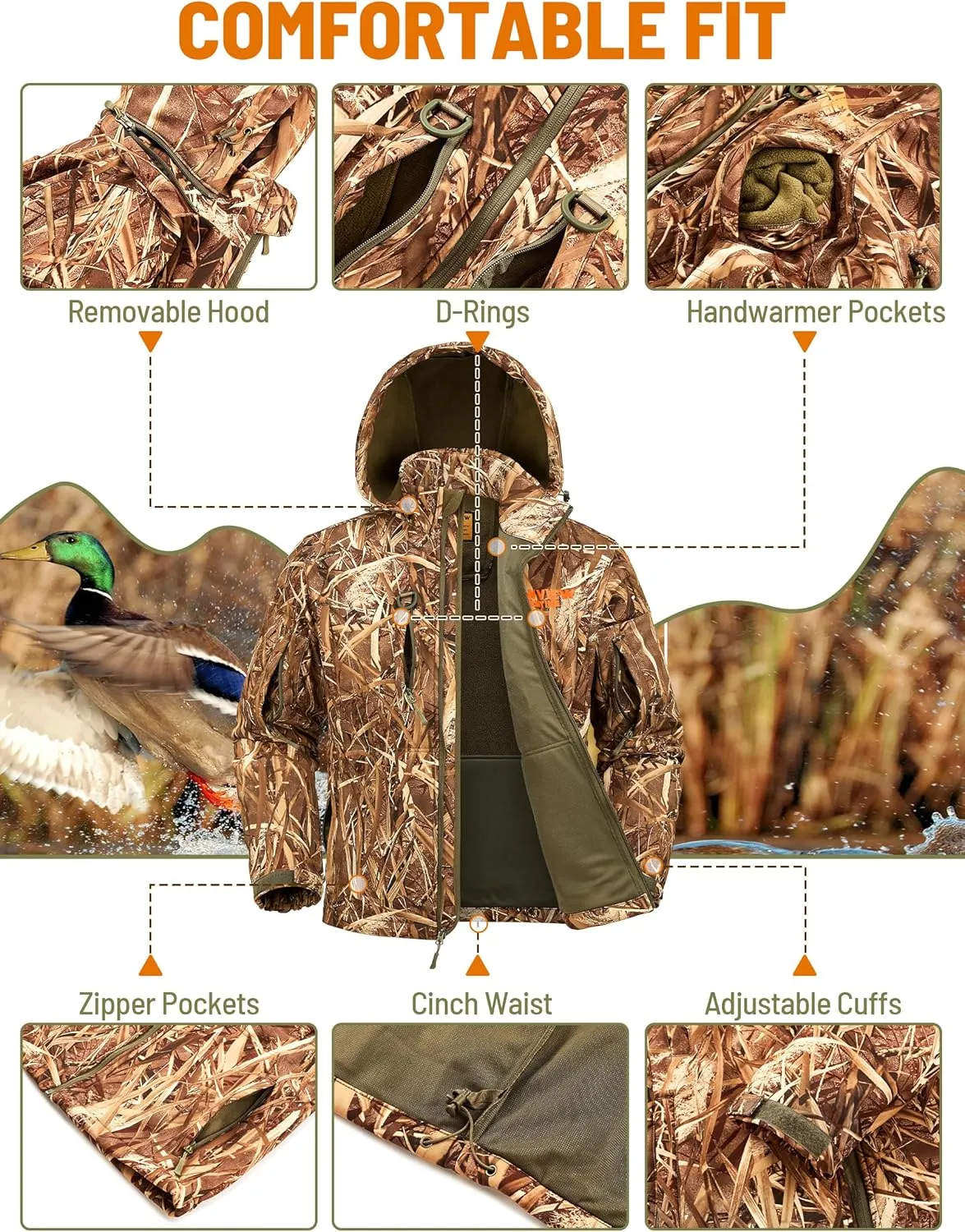 NEW VIEW Camo Hunting Jackets for Men, Warm Fleece Lined Hunting Jacket with Hood, Quiet Water Resistant Hunting Clothes