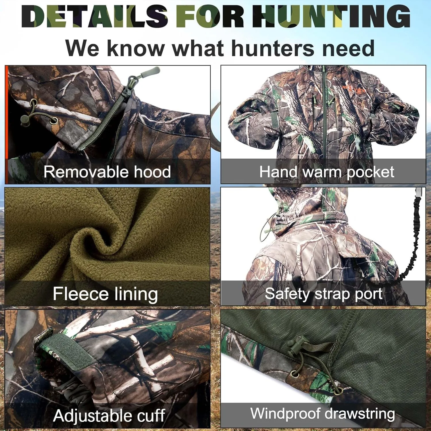 NEW VIEW Camo Hunting Jackets for Men, Warm Fleece Lined Hunting Jacket with Hood, Quiet Water Resistant Hunting Clothes