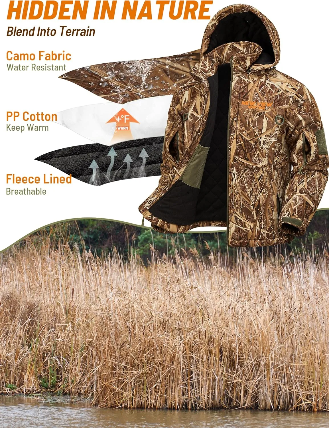 NEW VIEW Insulated Hunting Jacket for Men Cold Weather, Warm Camo Hunting Jackets with Hood, Water Resistant Hunting Clothes