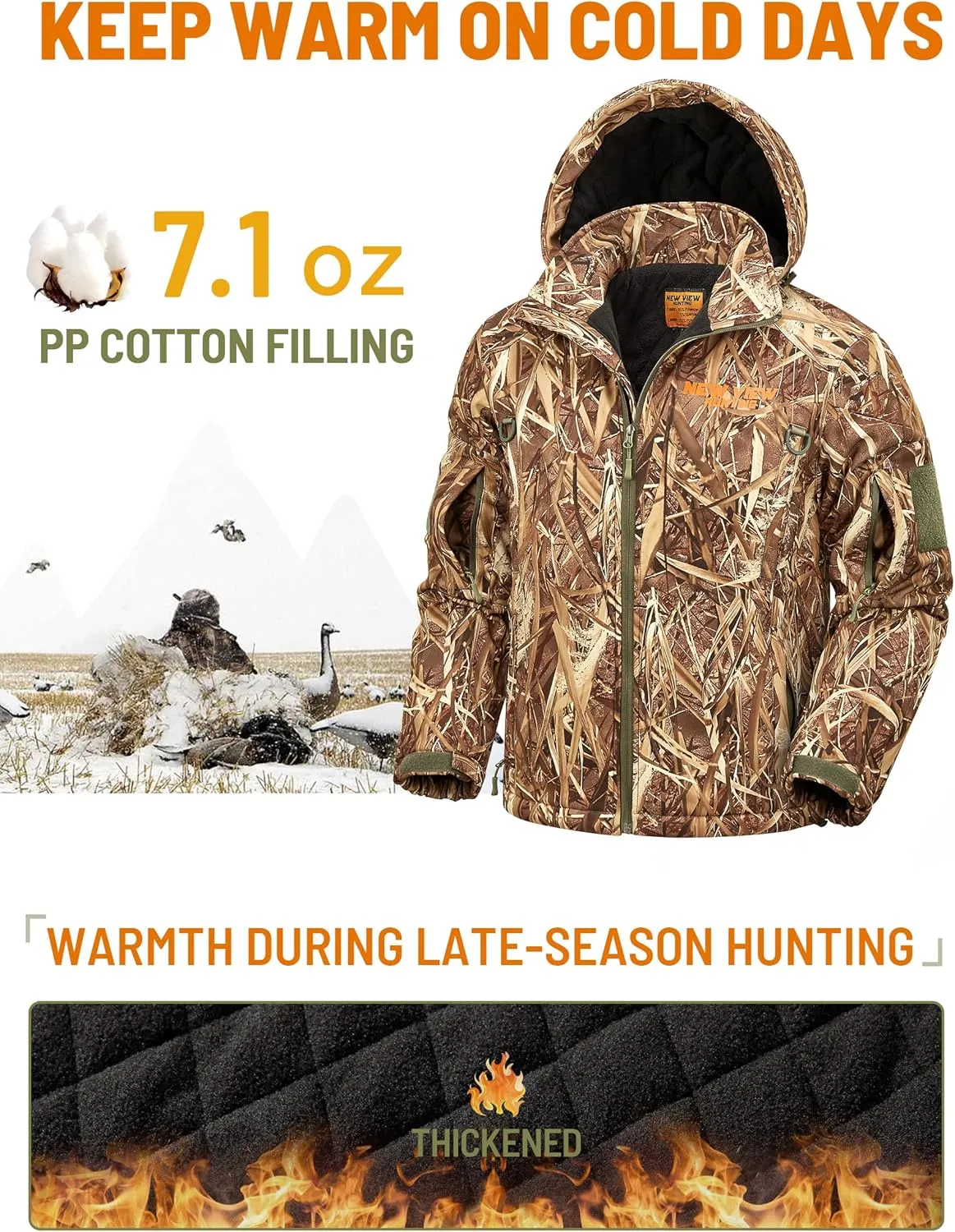 NEW VIEW Insulated Hunting Jacket for Men Cold Weather, Warm Camo Hunting Jackets with Hood, Water Resistant Hunting Clothes