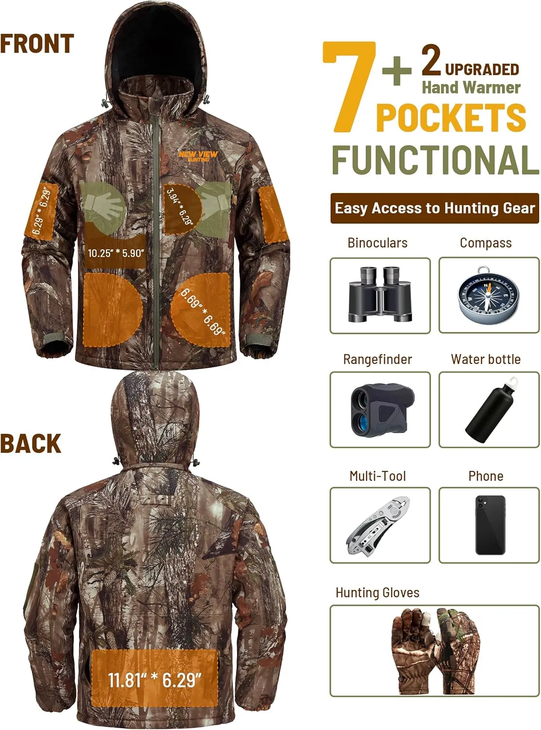 NEW VIEW Insulated Hunting Jacket for Men Cold Weather, Warm Camo Hunting Jackets with Hood, Water Resistant Hunting Clothes