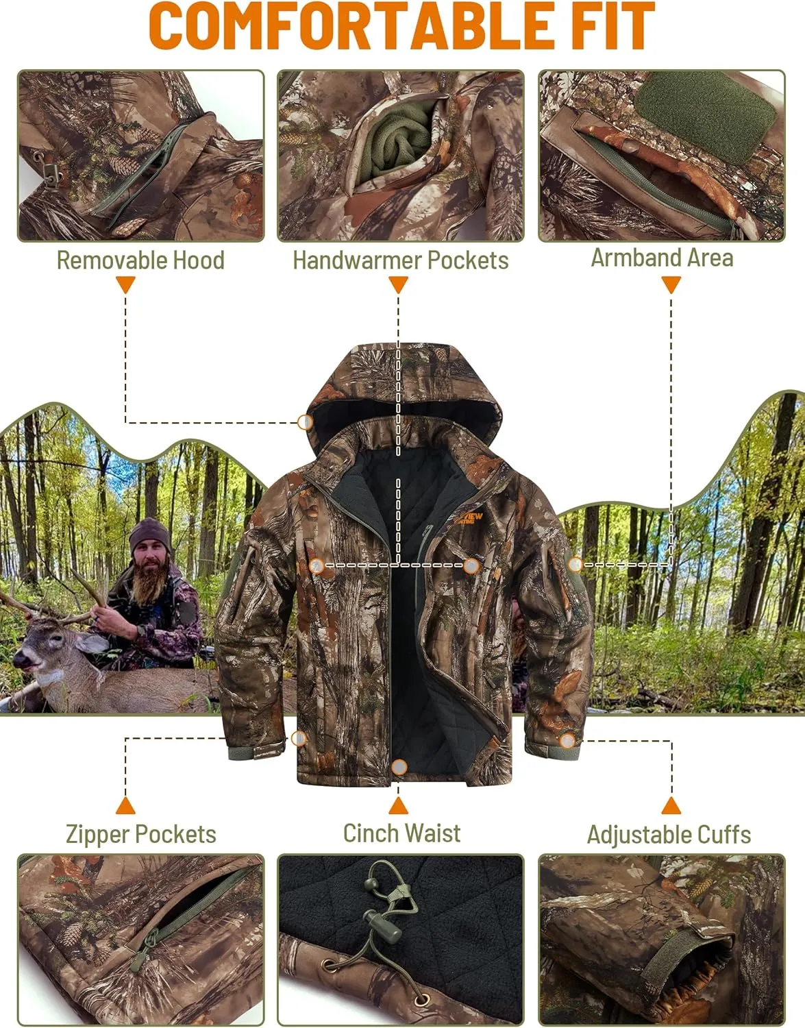 NEW VIEW Insulated Hunting Jacket for Men Cold Weather, Warm Camo Hunting Jackets with Hood, Water Resistant Hunting Clothes