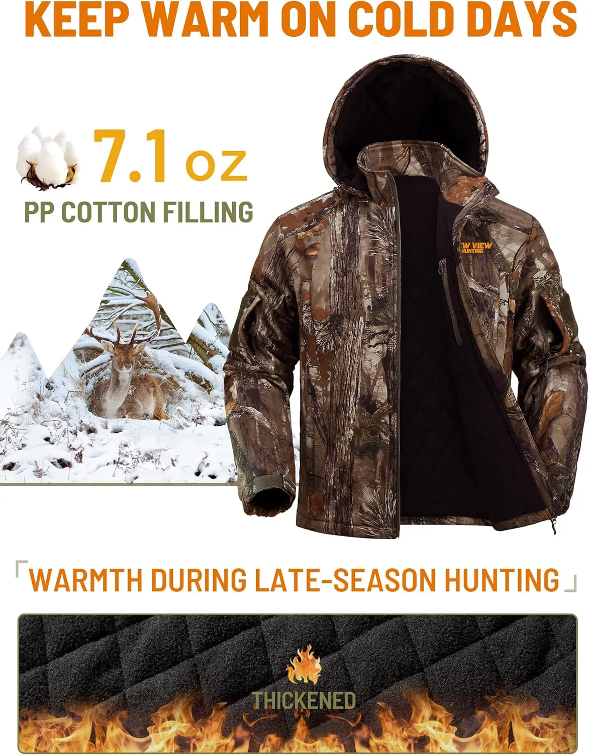 NEW VIEW Insulated Hunting Jacket for Men Cold Weather, Warm Camo Hunting Jackets with Hood, Water Resistant Hunting Clothes